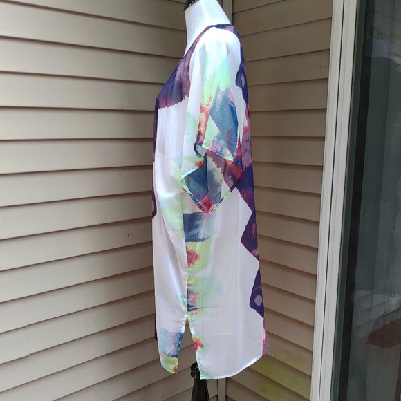 Mudd Multicolor Kimono Top Sheer Long Duster Dolman Short Sleeves Cover-Up Tunic - Picture 7 of 12